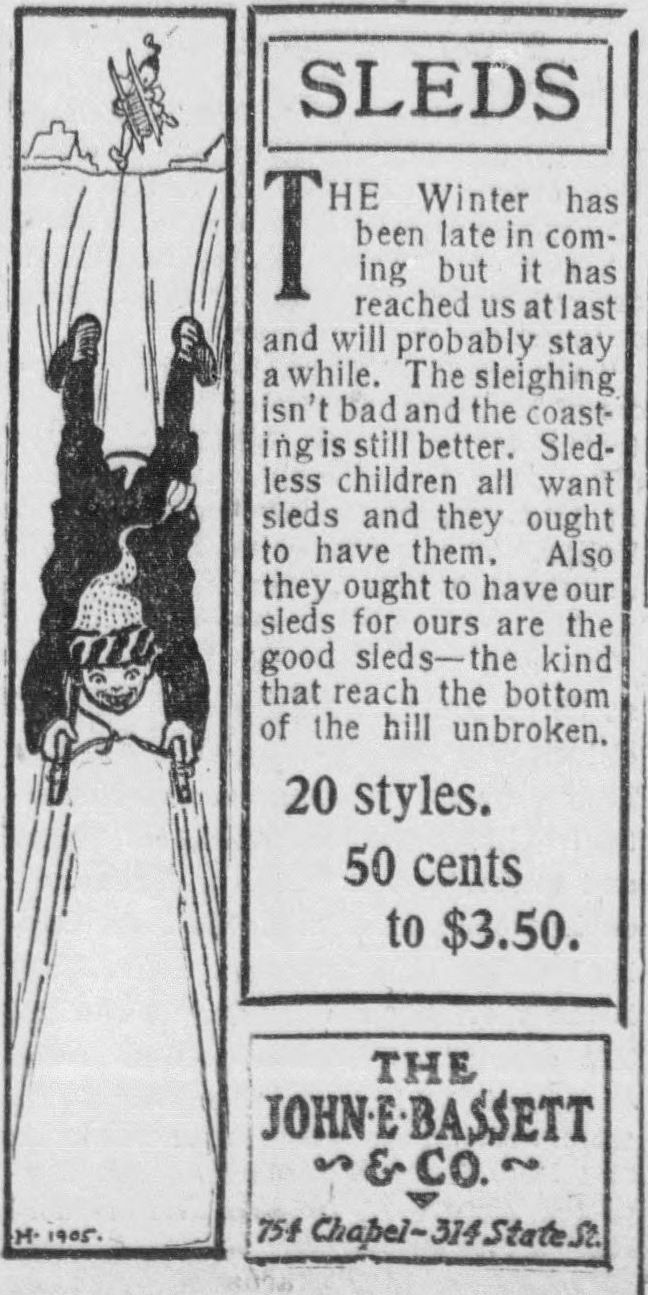 Advertisement for sleds that can be purchased at J.E. Bassett hardware store.