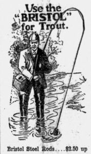 illustration of tweed-clad gentlemen in wading boots using a "Bristol steel rod" to catch trout. 