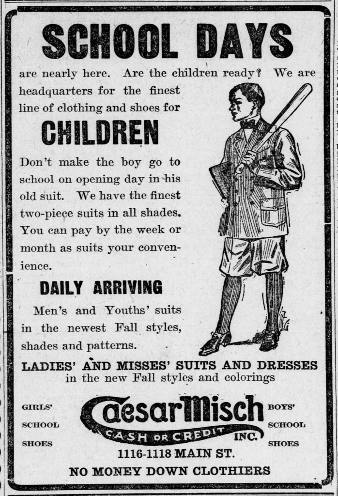 Advertisement for children's back to school clothing with illustration of boy in suit with knickers and a basefall bat. 