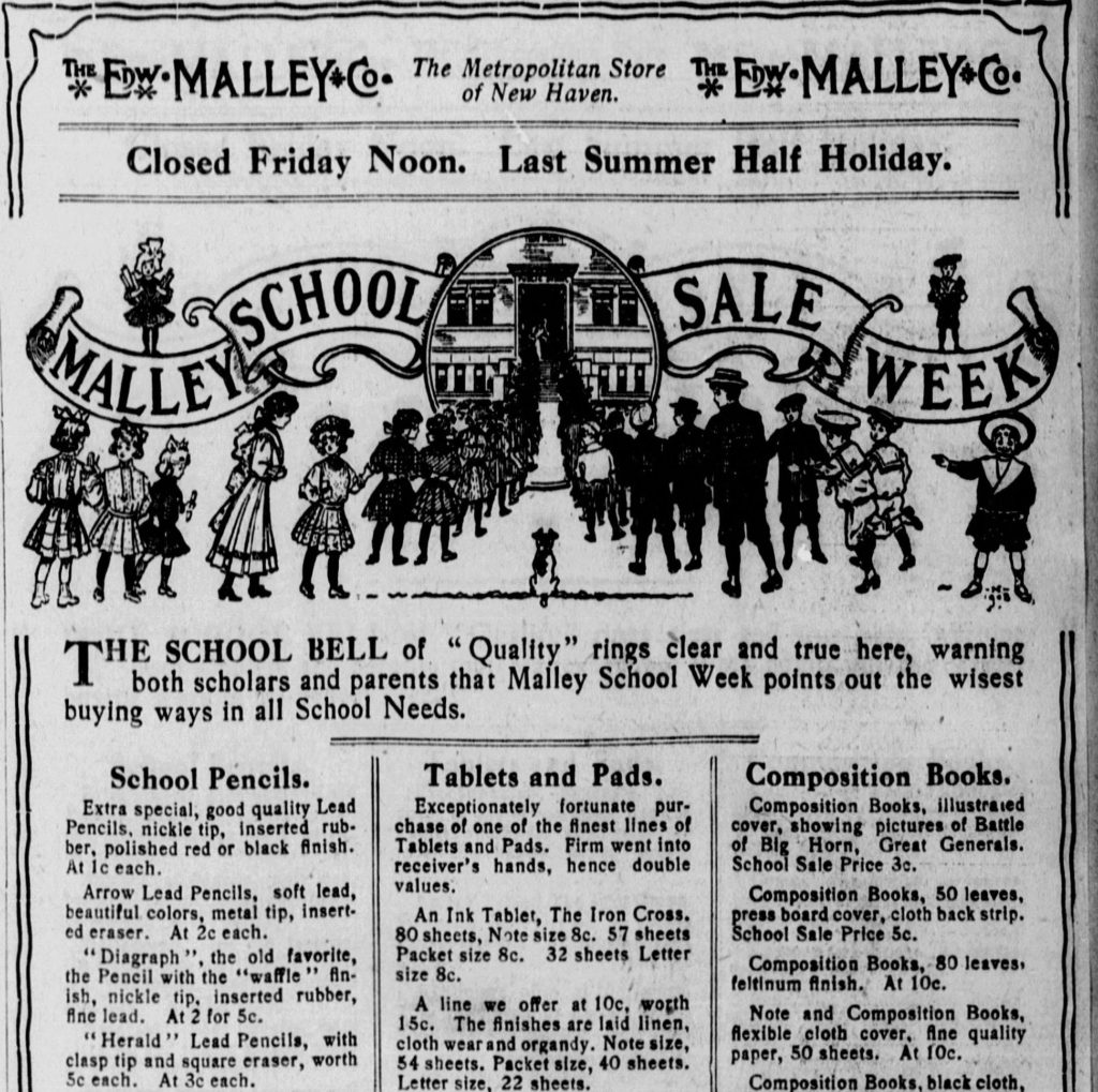 Back to School Sale ad with illustration of children streaming into school. 