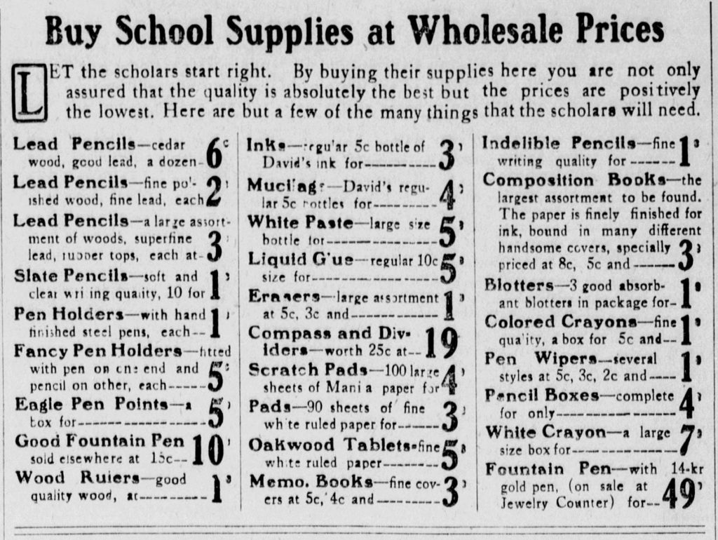 A clipping from an ad that shows the prices, in cents, of various school supplies. 