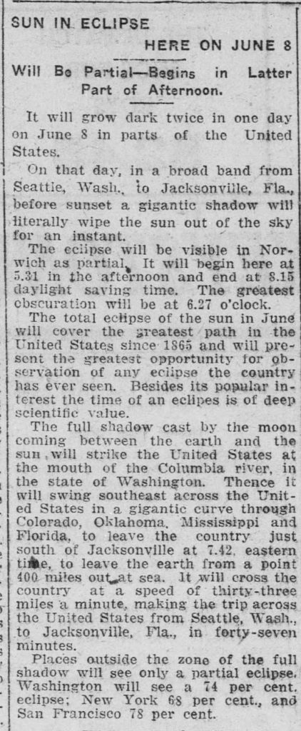 A clipping of an article on the solar eclipse soon to be visble in Connecticut in 1918. 