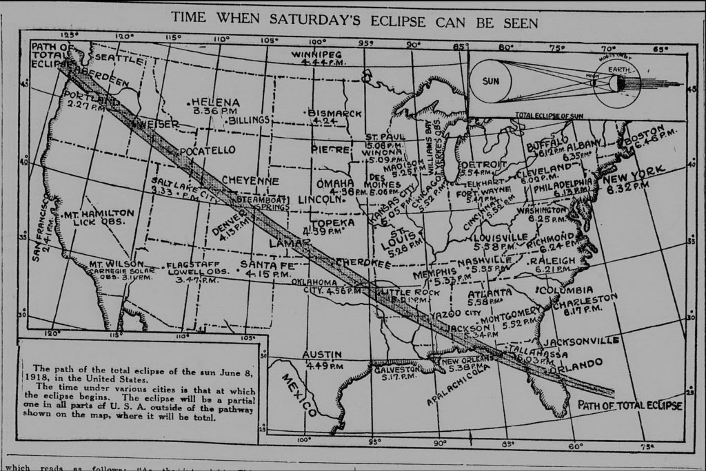 A U.S. map showing the path of the 1918 solar eclipse.