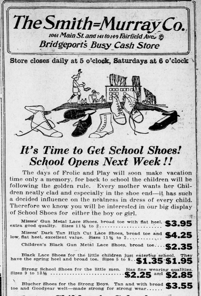 Advertisement with illustraton of children's shoes with a child and a schoolhouse in the background. 