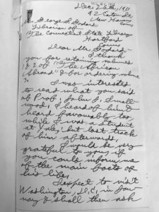 image of page one of a handwritten letter sent by Ferris to George Godard, the State Librarian of the time. 