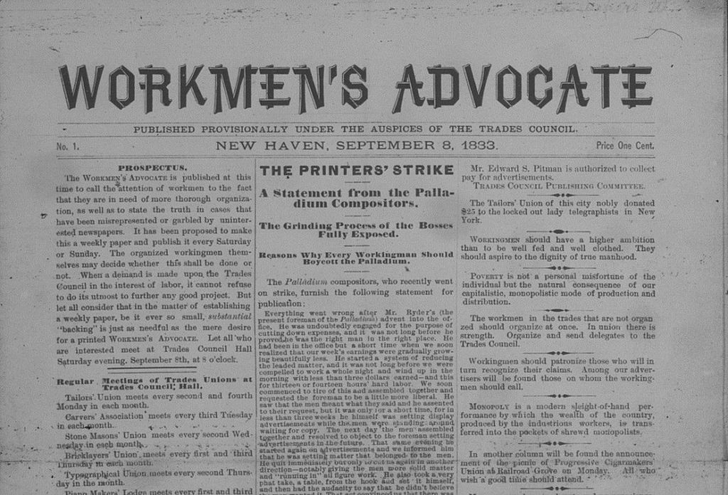 An image of the top half of the front page of the New Haven Workmen's Advocate, Sept. 8, 1883.