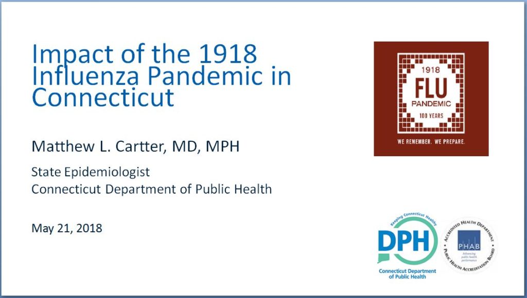 Image of opening slide for a presentation on the influenza epidemic of 1918,