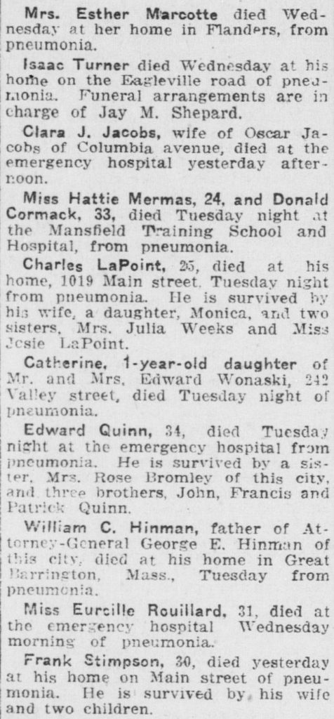 A clipping from the Norwich Bulletin that lists the obituaries of flu victims. 