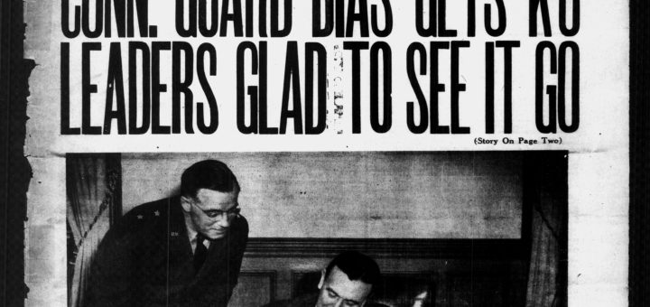 Front page with photo of Governor Chester Bowles signing legislation ruling out bias in the National guard, Major General Reincke is looking over his shoulder.