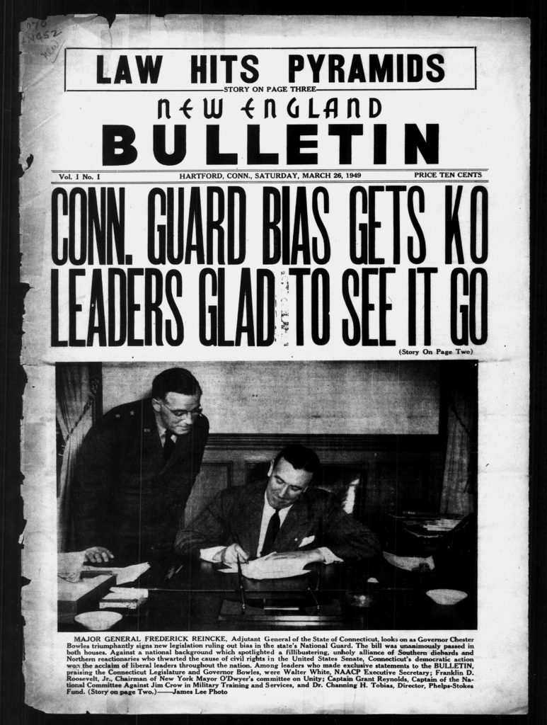 Front page with photo of Governor Chester Bowles signing legislation ruling out bias in the National guard, Major General Reincke is looking over his shoulder.