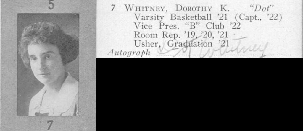 High school yearbook photo fo Dorothy Whitney with her club affiliations. 