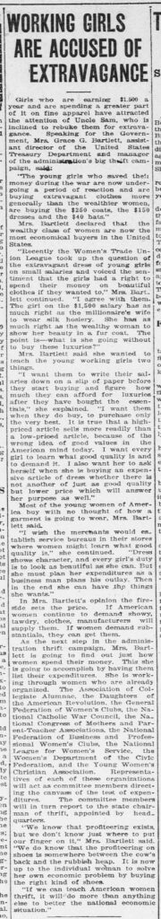 Newspaper column clipped with the title "Working Girls are Accussed of Extravagance.