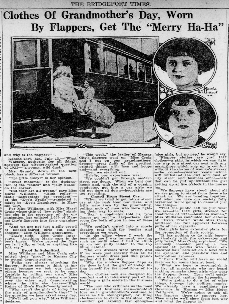 Newspaper clipping with photo of two young flappers dressed in their grandmothers' hoop skirts and unable to fit through a trolley door. 