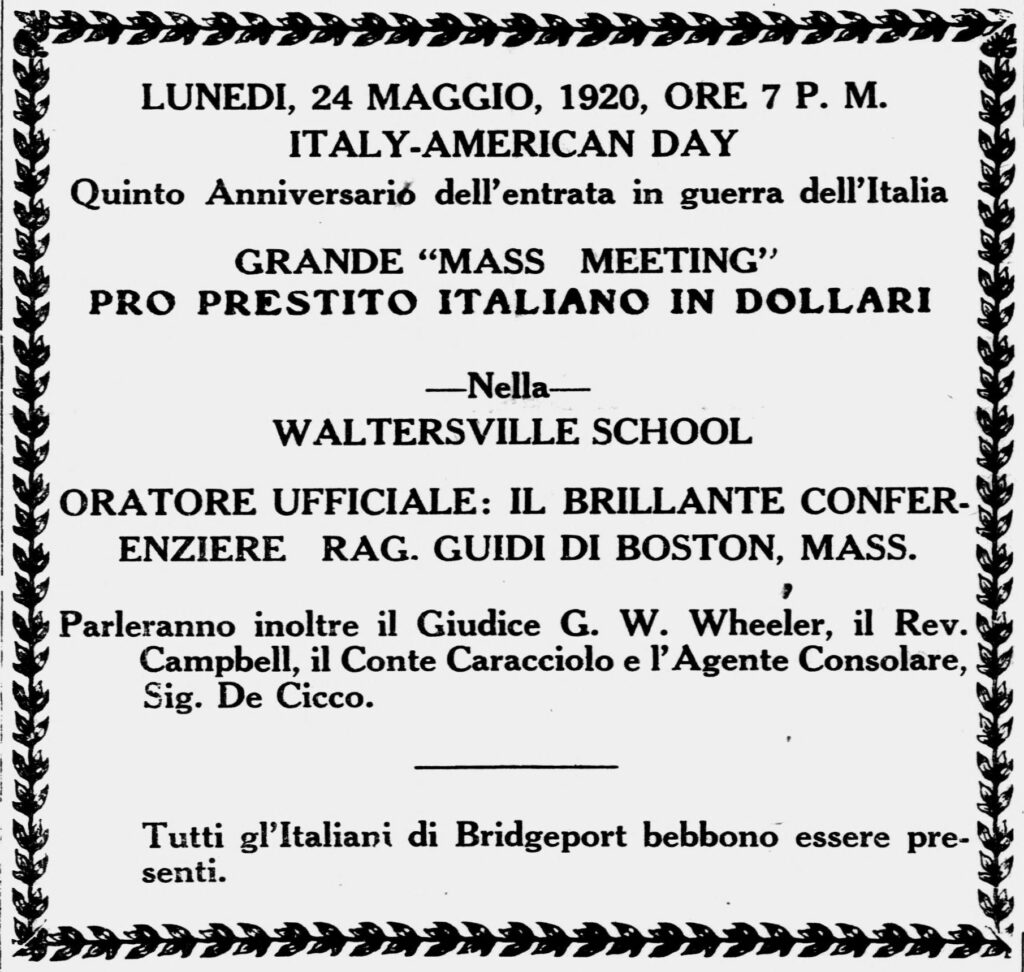 An announcment in a weekly Italian-language paper for a commemoration of Italy's role in World War I