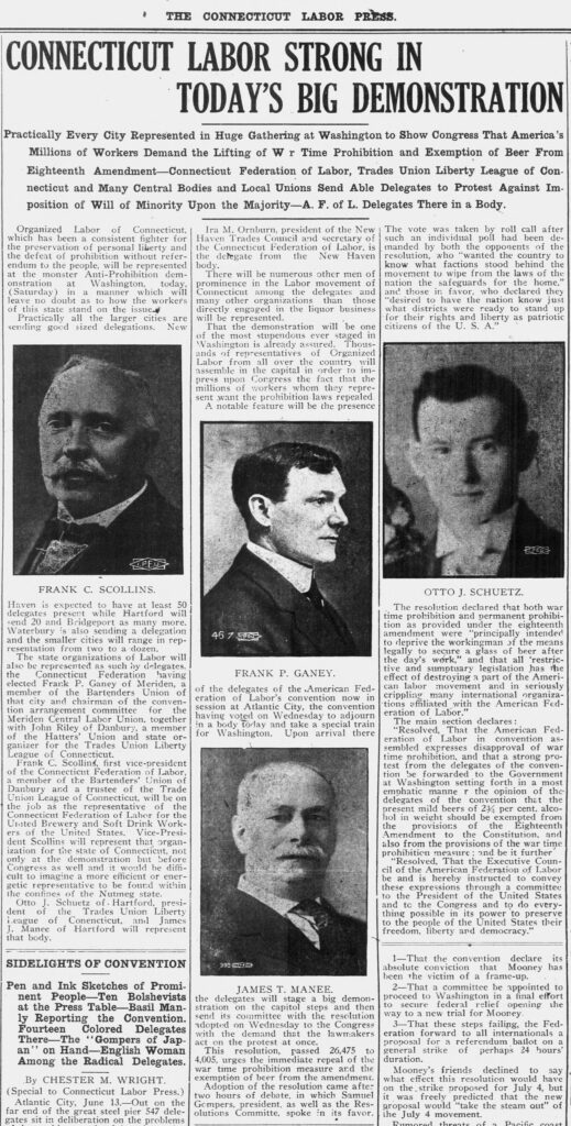 The clipping demonstrates the attention that Connecticut labor gave to the June 15, 1919 protest by describing who attended and imaging some of the leaders. 