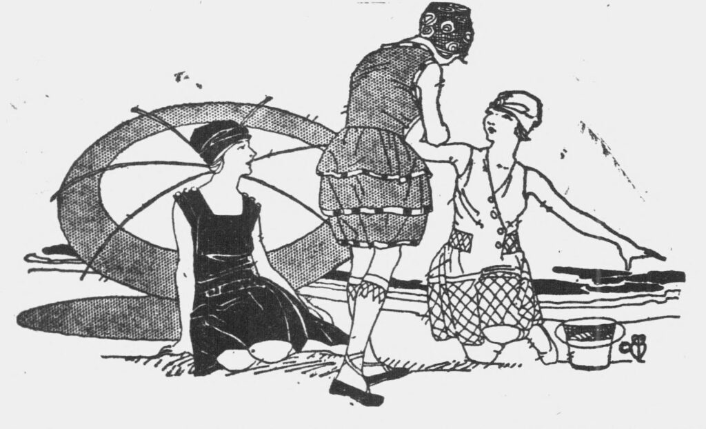 This is an illustration of women enjoying the beach at Savin Rock in order to get readers to patronize businesses there. 