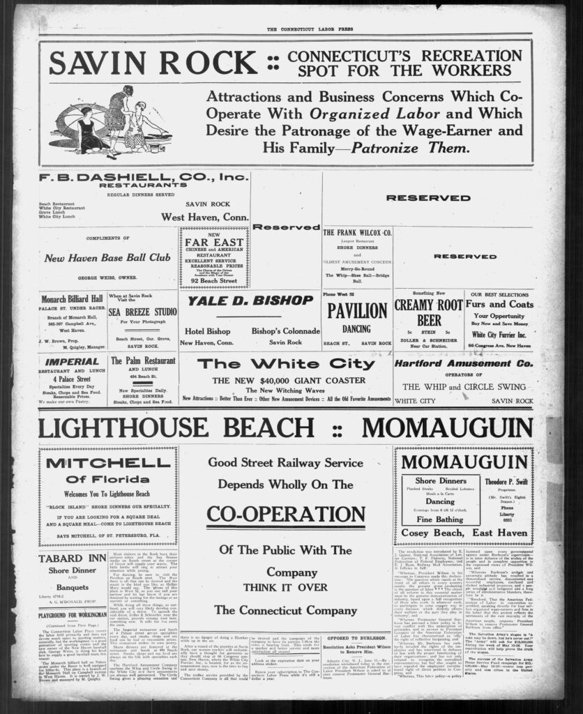 This is a clipping of a page of advertisements to draw readers to Savin Rock amusement park. 