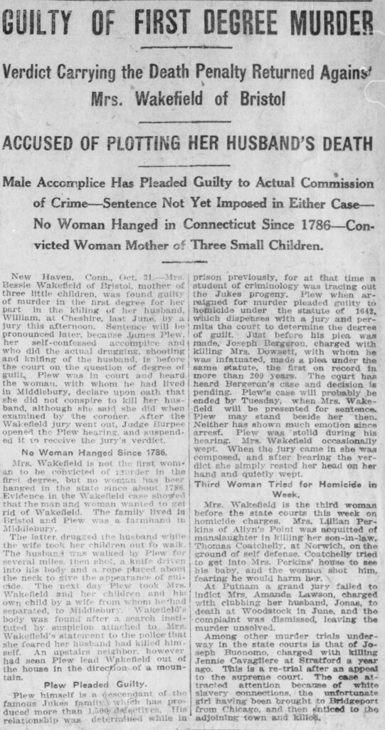 Clipping of article called "Guilty of First Degree Murder" in the November 1, 1913, issue of the Norwich Bulletin