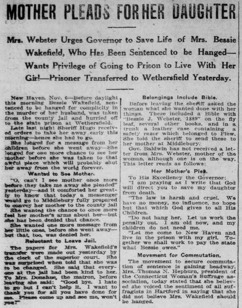 Clipping of an article entitled "Mother Pleads for Her Daughter" from the November 7, 1913, issue of the Norwich Bulletin