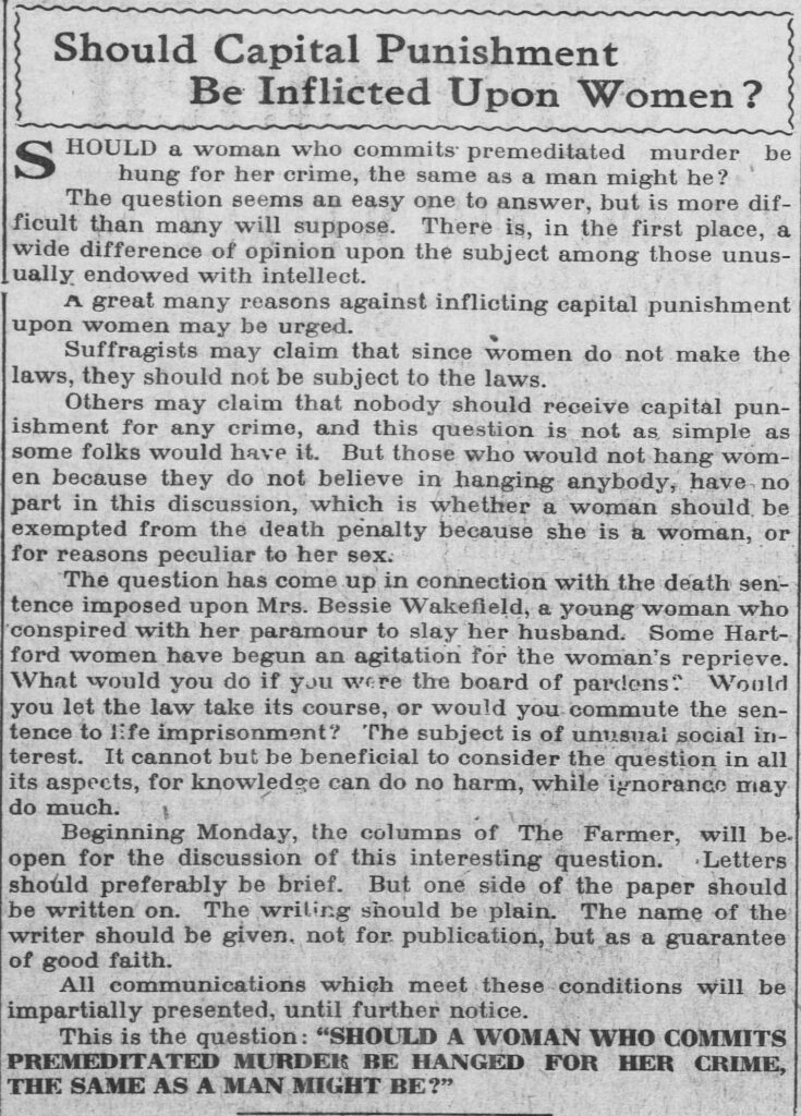 Clipping of an article entitled “Should Capital Punishment Be Inflicted Upon Women?” from the November 8, 1913, issue of the Bridgeport Evening Farmer