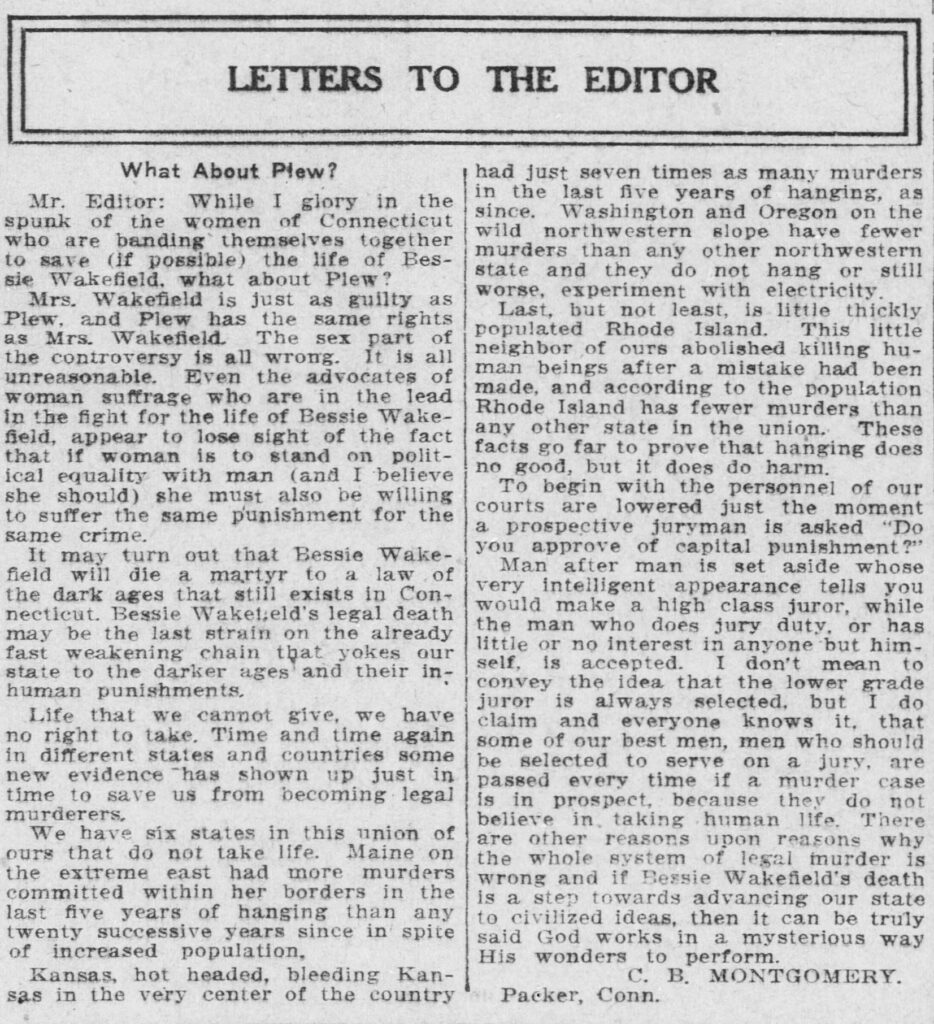 Clipping of an article entitled “Letters to the Editor; What About Plew?” from the November 18, 1913, issue of the Norwich Bulletin