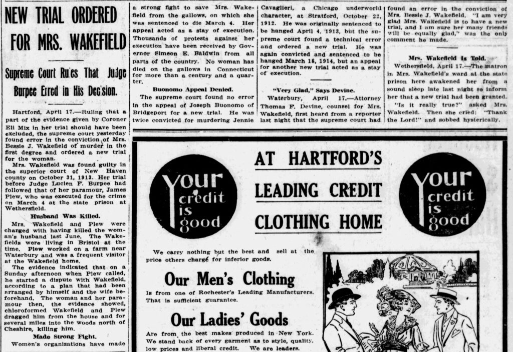 Clipping of an article entitled "New Trial Ordered for Mrs. Wakefield" from the April 17, 1914, issue of the New Britain Herald