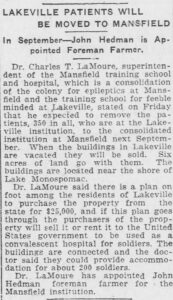 Clipping of article "Lakeville Patients Will Be Moved to Mansfield," Norwich Bulletin, July 6, 1918