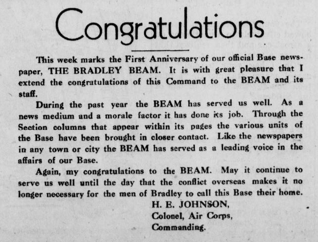 Old newspaper article reading "CONGRATULATIONS" across the top, includes a message from H.E. Johnson, Air Force Colonel, congratulating The Bradley Beam on one year in publication.