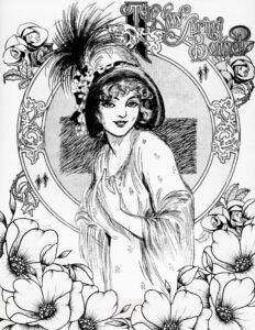 Coloring page consisting of old newspaper artwork depicting a woman in a bonnet with the cursive text, "The New Spring Bonnet"