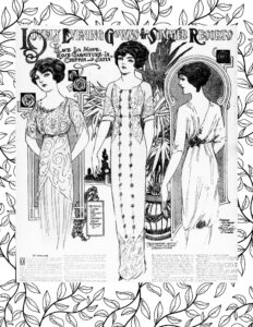 Coloring page consisting of old newspaper artwork portraying three women in dresses with the text, "Lovely Evening Gowns for Summer Resorts"