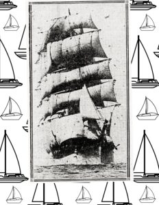 Coloring page consisting of an old newspaper image of a boat with drawings of boats in the background.