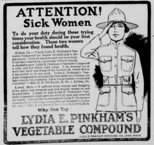 Newspaper advertisement for Lydia Pinkham's Vegetable Compound, beginning with "Attention! Sick Women"