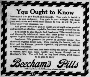 Newspaper advertisement for Beecham's Pills, beginning with "You ought to know how easy it is to gain health and strength."