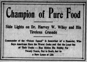 Beginning of a newspaper article about Dr. Wiley and his "poison squad", featuring the headline "Champion of Pure Food"